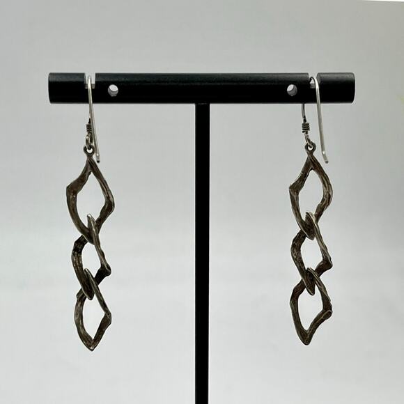 Sterling Silver Designer Signed Twisted Textured Branch Dangle Earrings - Picture 2 of 9